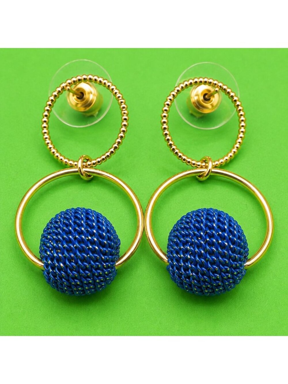 Vintage Gold Tone Blue Double Hoop Earrings Textured Bead Dangle Retro Statement